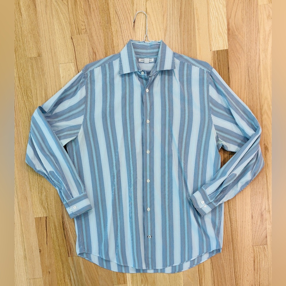 Banana Republic Blue, White, Black‎ Striped Button Down Shirt, 16 - 16.5, Large